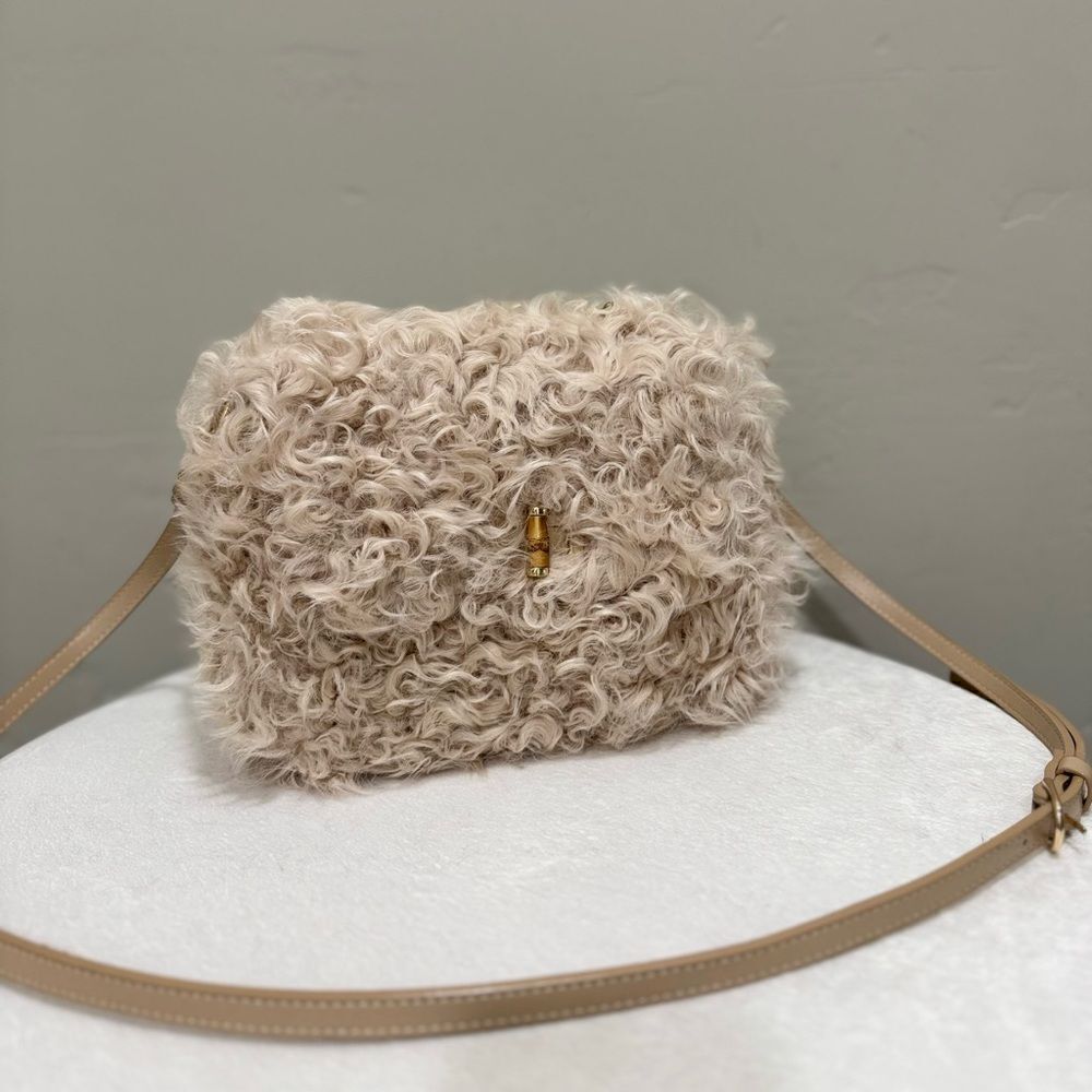 Beige Genuine Curly Shearling Top Handle & Fold Over Flap Purse, Crossbody